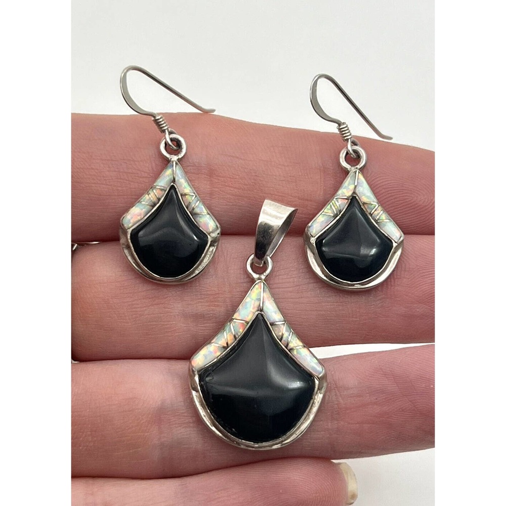 Vintage Onyx Opal Inlay Earrings Pendant Sterling Silver Navajo 925 SIGNED MY